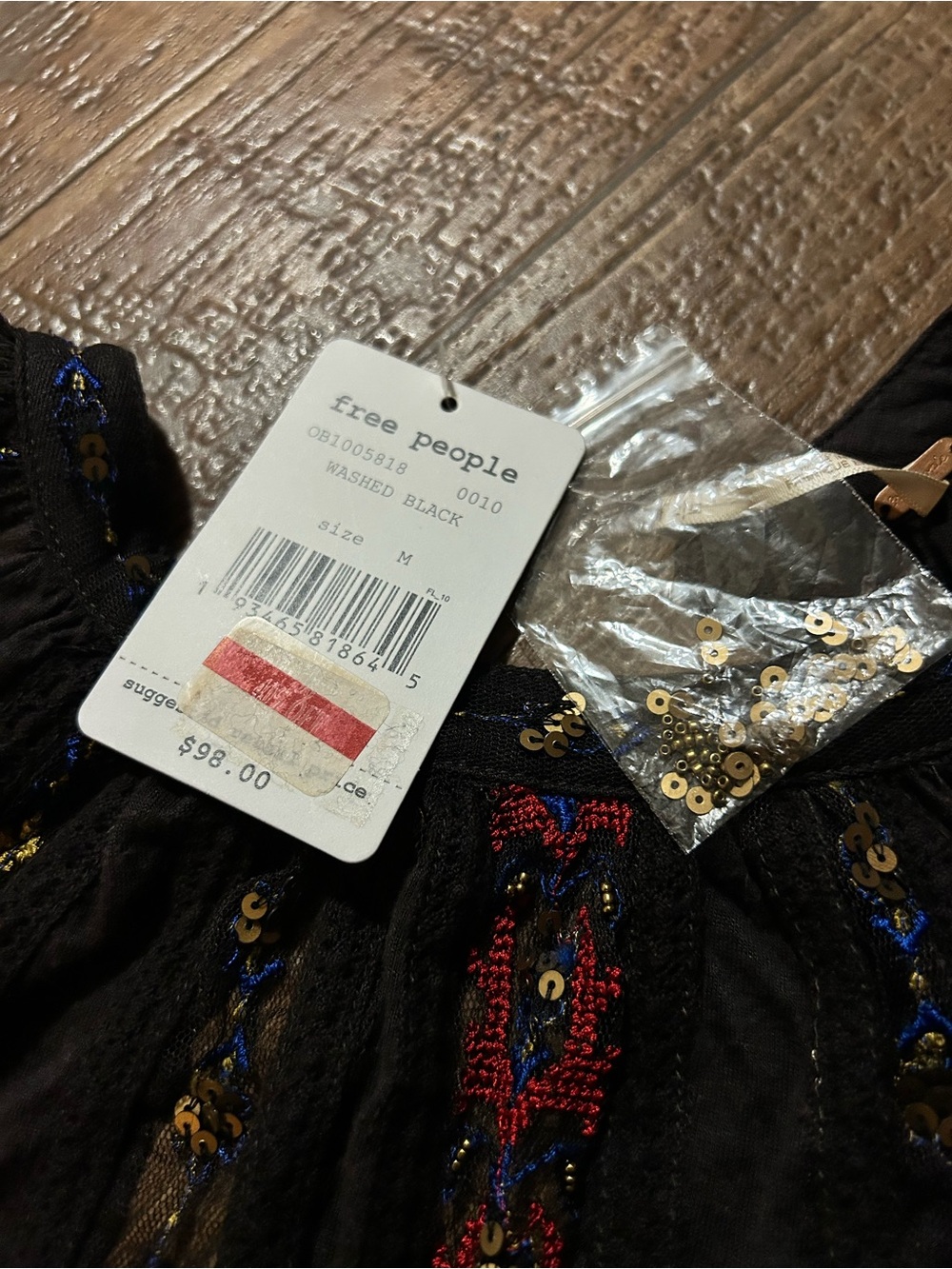Free People Embroidered Boho Flowy Sequin & Mesh Detail — Washed Black Color - Picture 5 of 9